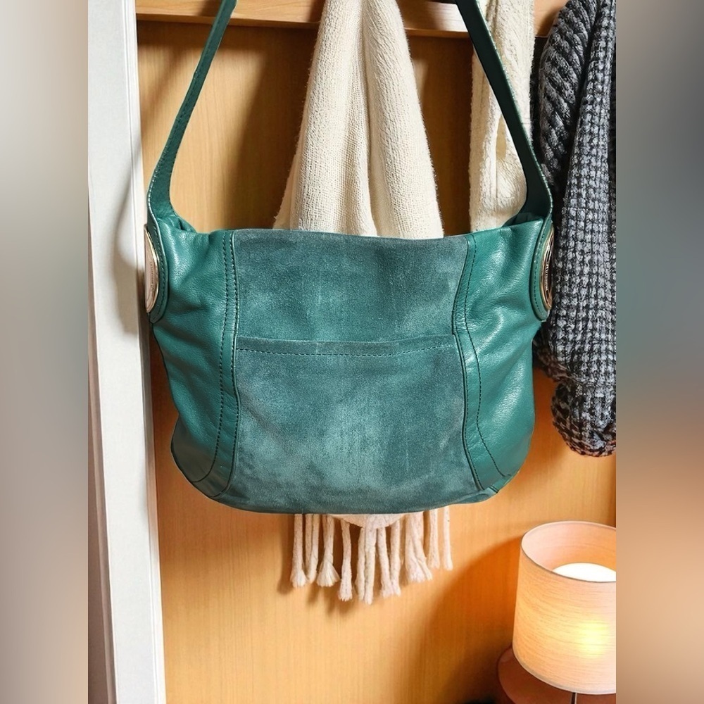 B. MAKOWSKY Gianna Green Leather Suede Hobo Shoulder Bag Silver Hardware 14x12”